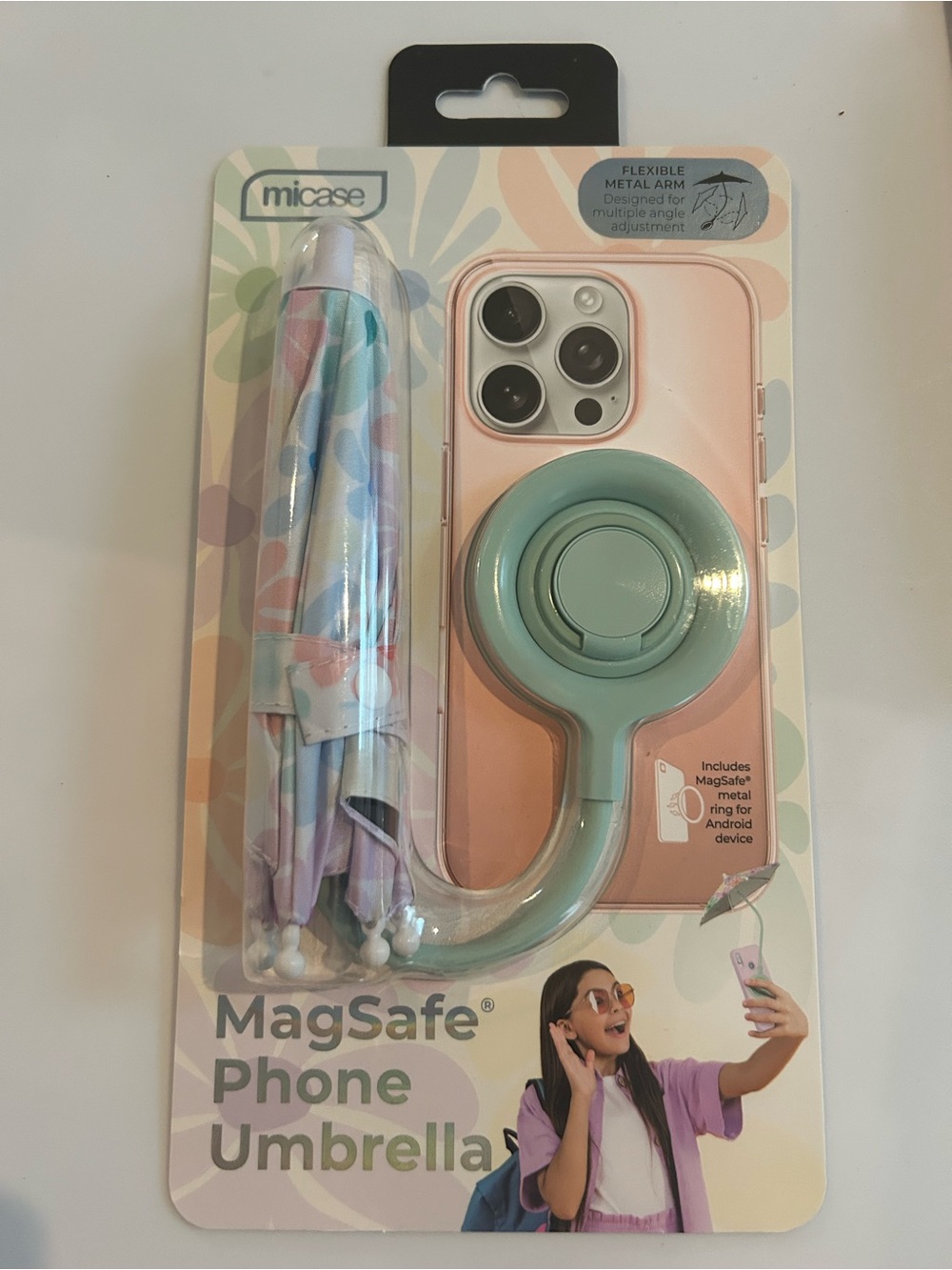 micase MagSafe Phone Umbrella Adjustable Sun & Rain Shield Pastel Floral